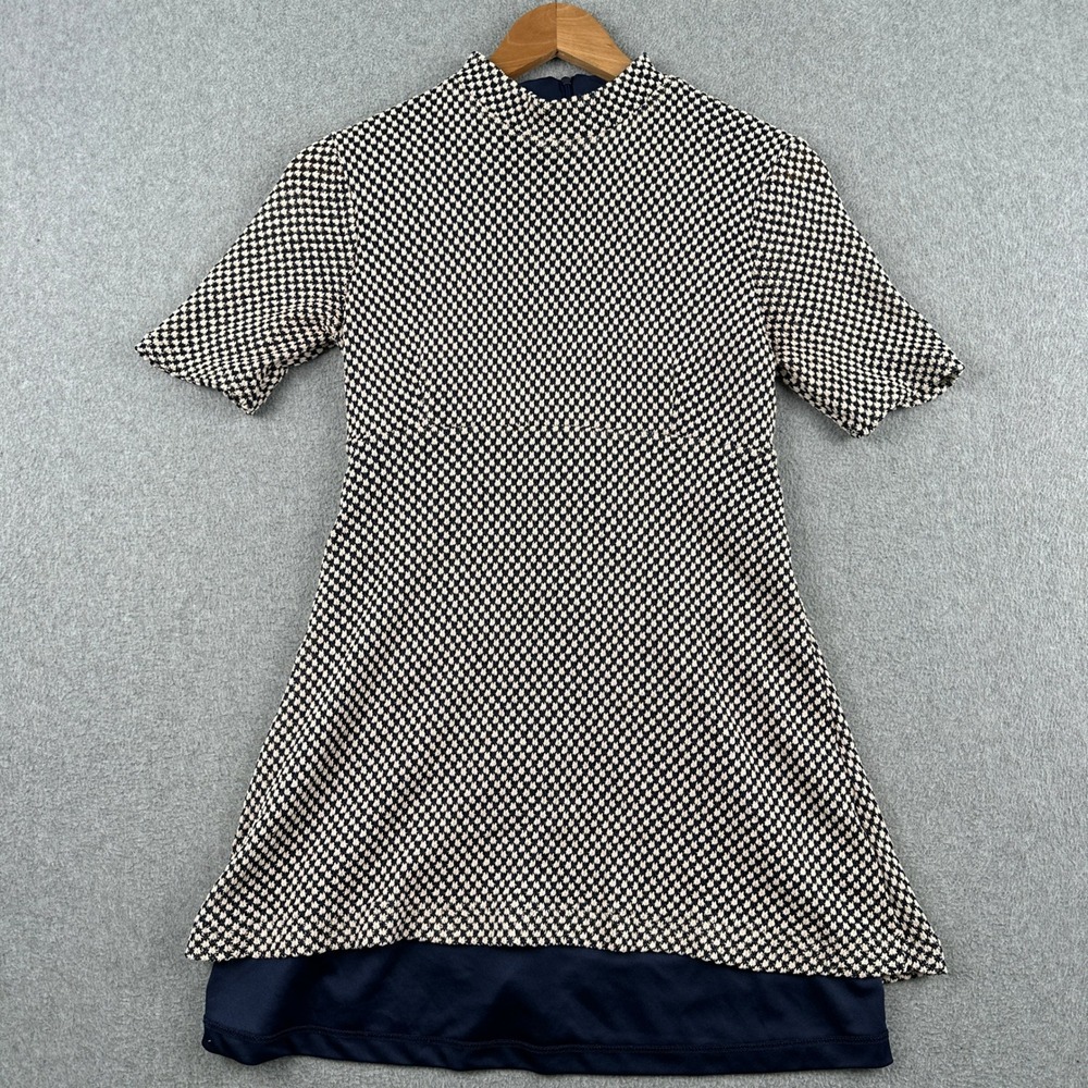 Zara Dress Womens Small Blue White Textured Knit Mock Neck Short Sleeve Mini